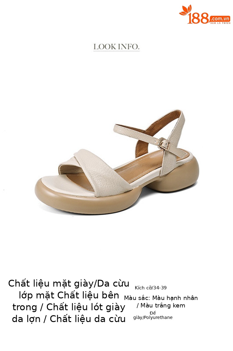 Sandal nữ da cừu đế dày gót thô hở ngón quai ngang phong cách La Mã — Màu trắng be chi tiết 2