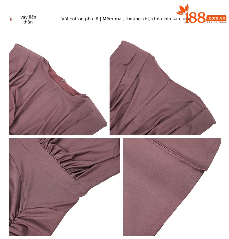 Đầm ôm body nữ cổ tròn xếp ly xẻ tà phong cách Pháp — Màu xám bạc, Paris Hồng, Tím mây mỏng chi tiết 2