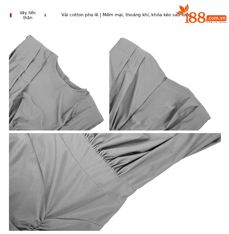Đầm ôm body nữ cổ tròn xếp ly xẻ tà phong cách Pháp — Màu xám bạc, Paris Hồng, Tím mây mỏng chi tiết 3