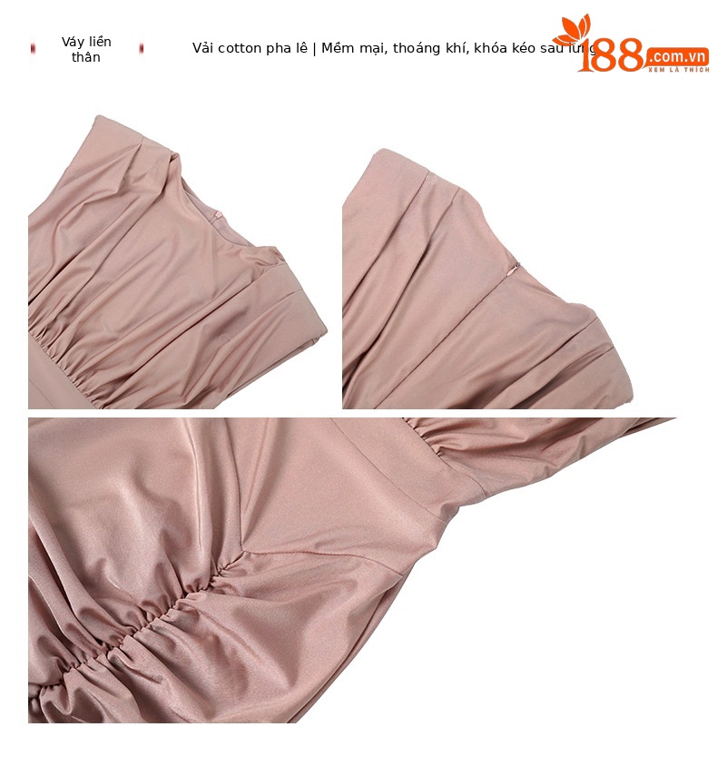 Đầm ôm body nữ cổ tròn xếp ly xẻ tà phong cách Pháp — Màu xám bạc, Paris Hồng, Tím mây mỏng chi tiết 4