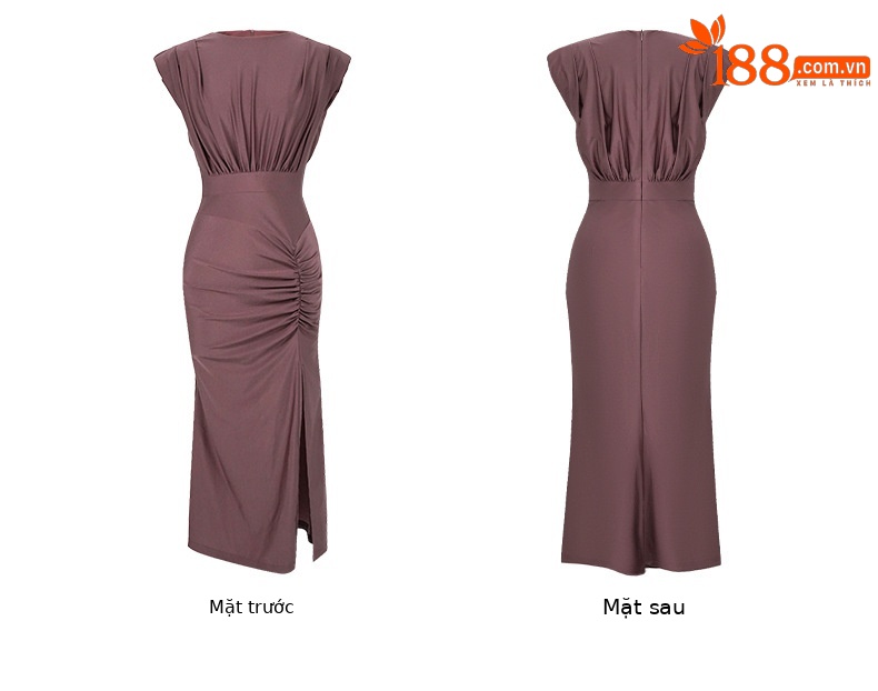 Đầm ôm body nữ cổ tròn xếp ly xẻ tà phong cách Pháp — Màu xám bạc, Paris Hồng, Tím mây mỏng chi tiết 5
