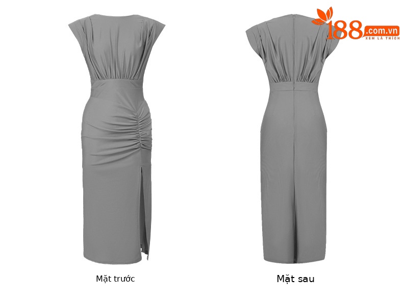 Đầm ôm body nữ cổ tròn xếp ly xẻ tà phong cách Pháp — Màu xám bạc, Paris Hồng, Tím mây mỏng chi tiết 6