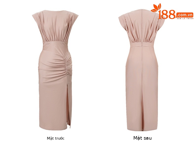 Đầm ôm body nữ cổ tròn xếp ly xẻ tà phong cách Pháp — Màu xám bạc, Paris Hồng, Tím mây mỏng chi tiết 7