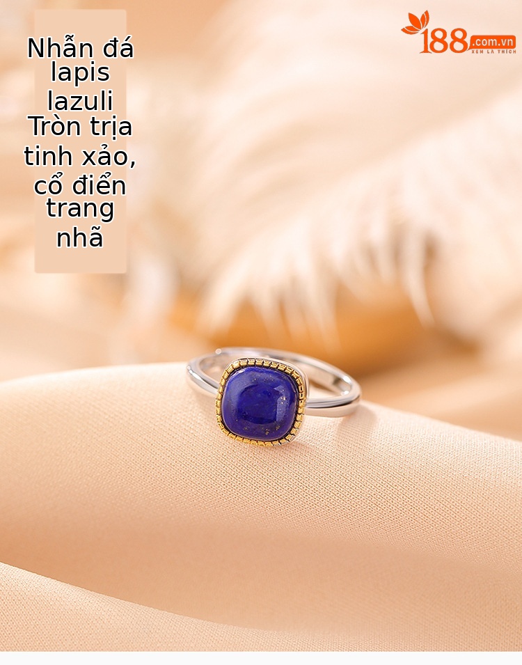Nhẫn bạc S925 mạ vàng đá lapis xanh vuông phong cách sang trọng — Mở một size chi tiết 1