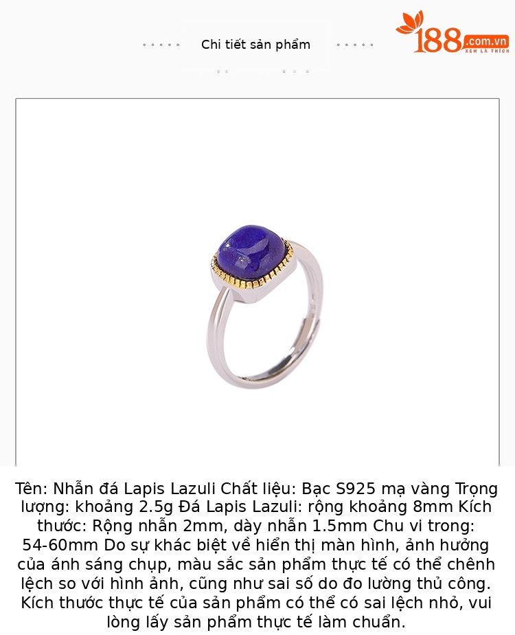 Nhẫn bạc S925 mạ vàng đá lapis xanh vuông phong cách sang trọng — Mở một size chi tiết 2