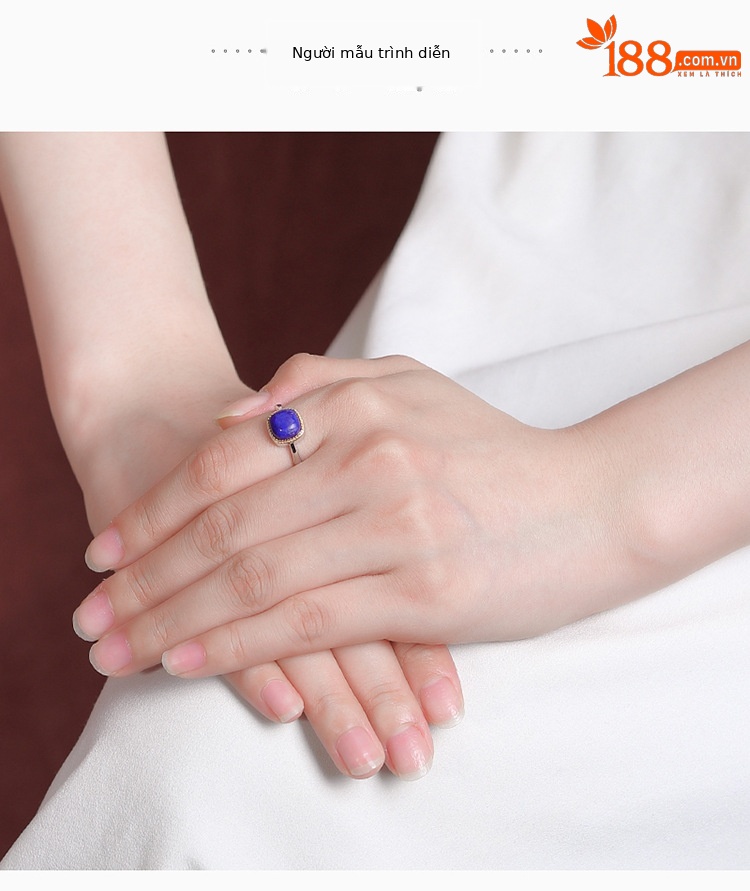 Nhẫn bạc S925 mạ vàng đá lapis xanh vuông phong cách sang trọng — Mở một size chi tiết 4