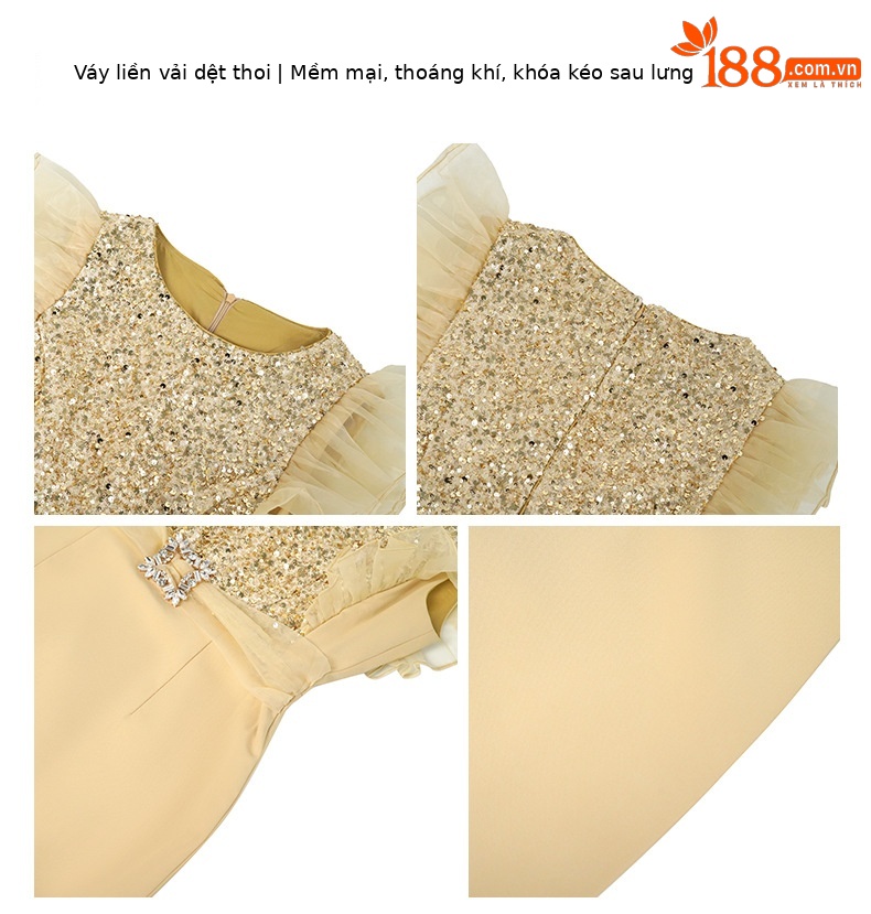 Đầm dự tiệc nữ tay bồng đính sequin ôm eo bodycon — Màu vàng kim chi tiết 2