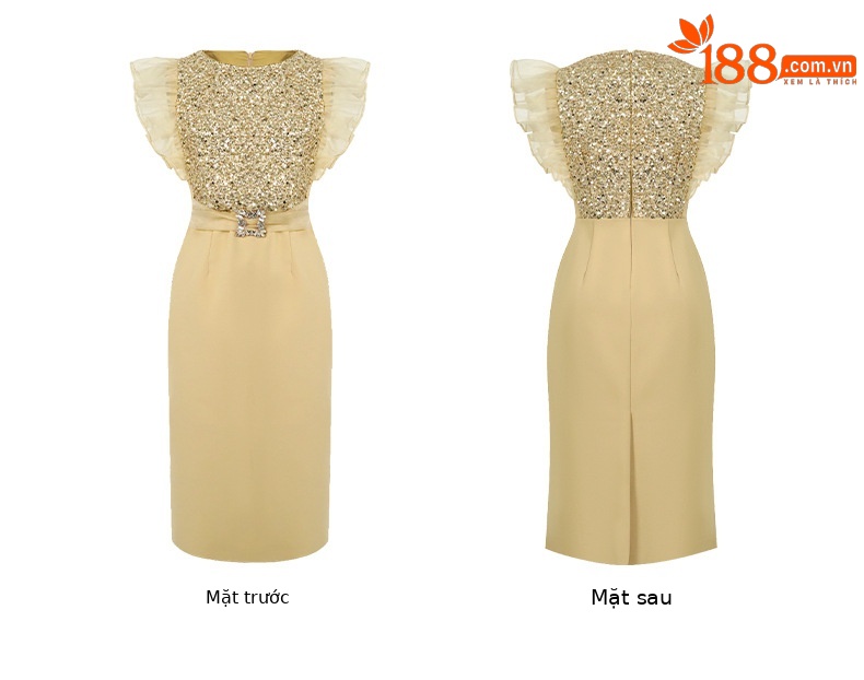 Đầm dự tiệc nữ tay bồng đính sequin ôm eo bodycon — Màu vàng kim chi tiết 5