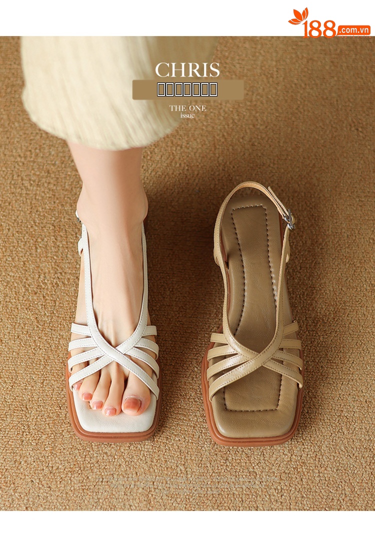 Sandal nữ mũi vuông gót vuông da cừu phong cách La Mã quai mảnh hở ngón — Màu trắng be chi tiết 4
