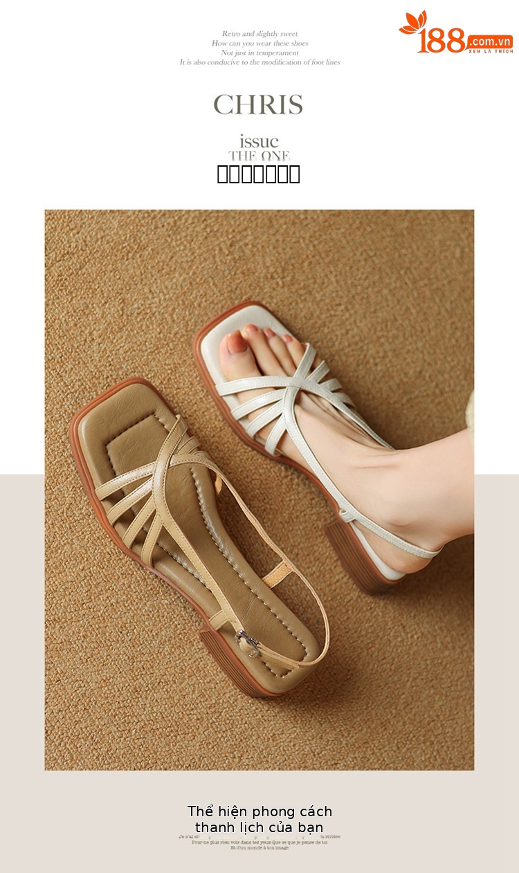 Sandal nữ mũi vuông gót vuông da cừu phong cách La Mã quai mảnh hở ngón — Màu trắng be chi tiết 6