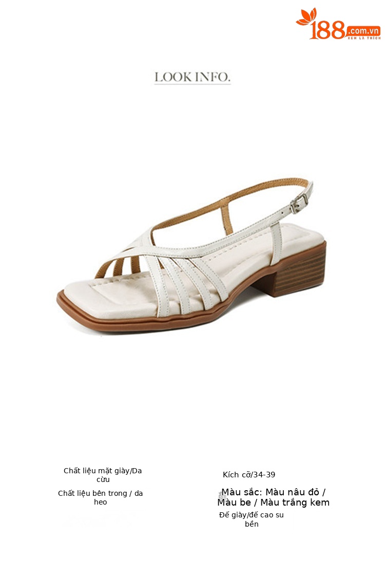 Sandal nữ mũi vuông gót vuông da cừu phong cách La Mã quai mảnh hở ngón — Màu trắng be chi tiết 2