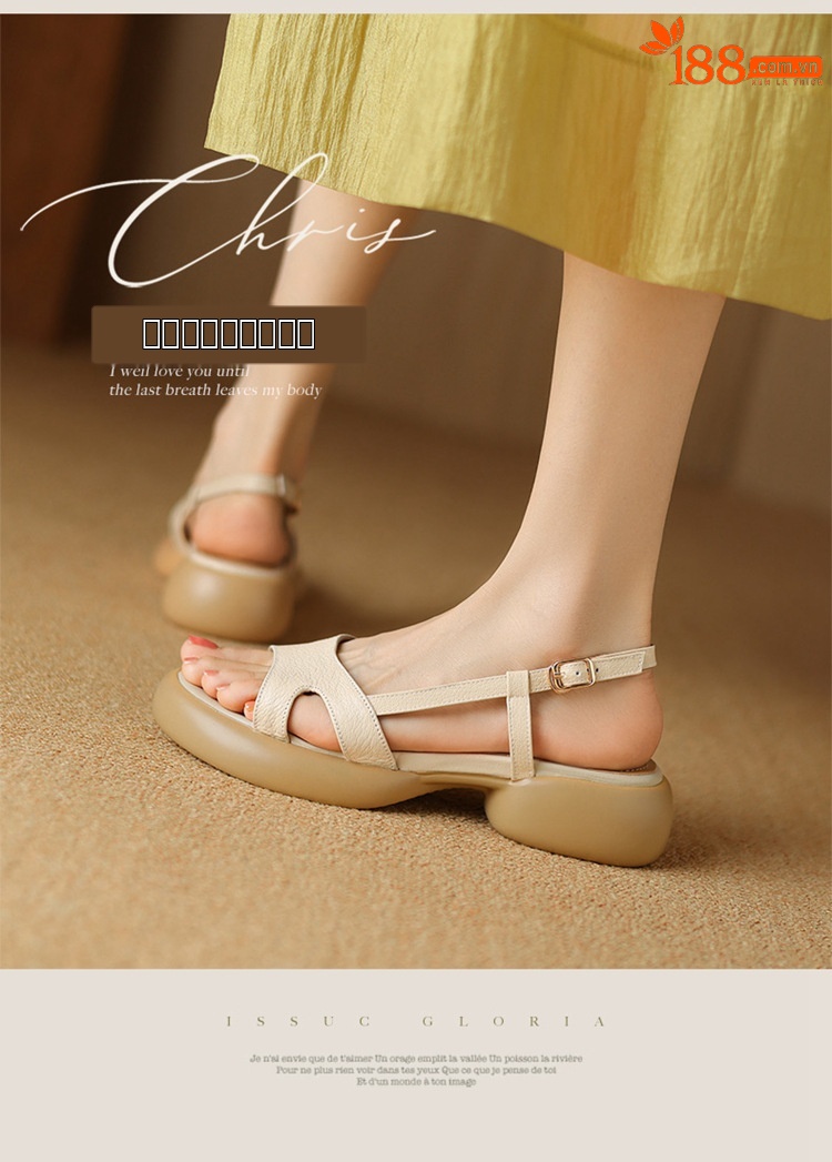 Sandal nữ da cừu hở ngón gót thô quai ngang đế dày phong cách La Mã — Màu trắng be chi tiết 1