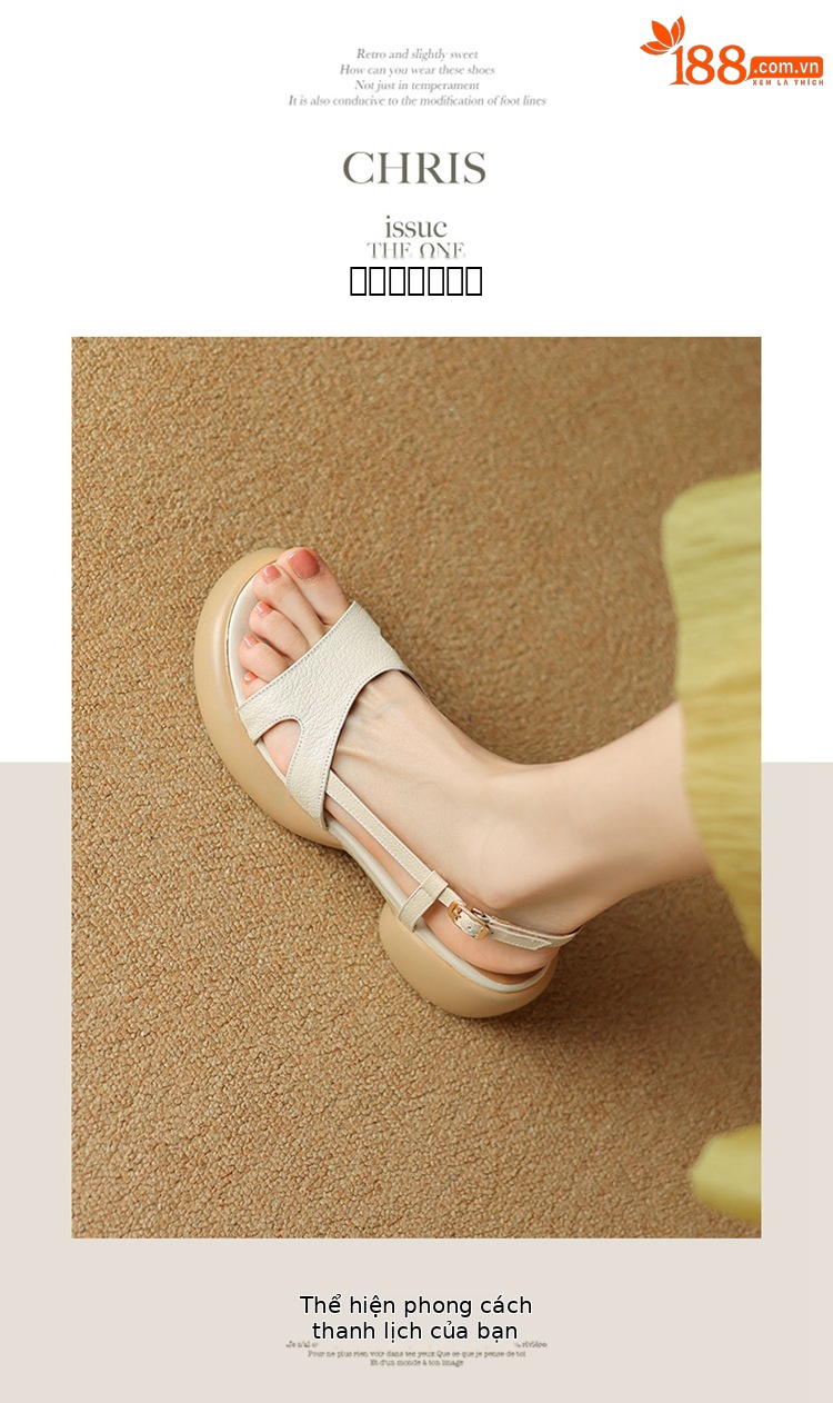 Sandal nữ da cừu hở ngón gót thô quai ngang đế dày phong cách La Mã — Màu trắng be chi tiết 6