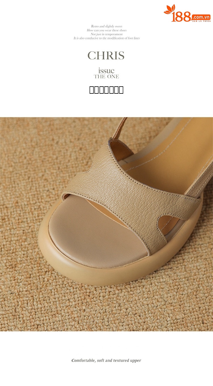 Sandal nữ da cừu hở ngón gót thô quai ngang đế dày phong cách La Mã — Màu trắng be chi tiết 14