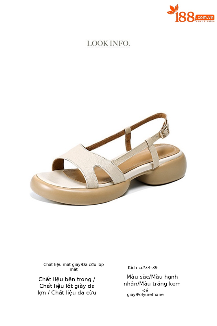 Sandal nữ da cừu hở ngón gót thô quai ngang đế dày phong cách La Mã — Màu trắng be chi tiết 2