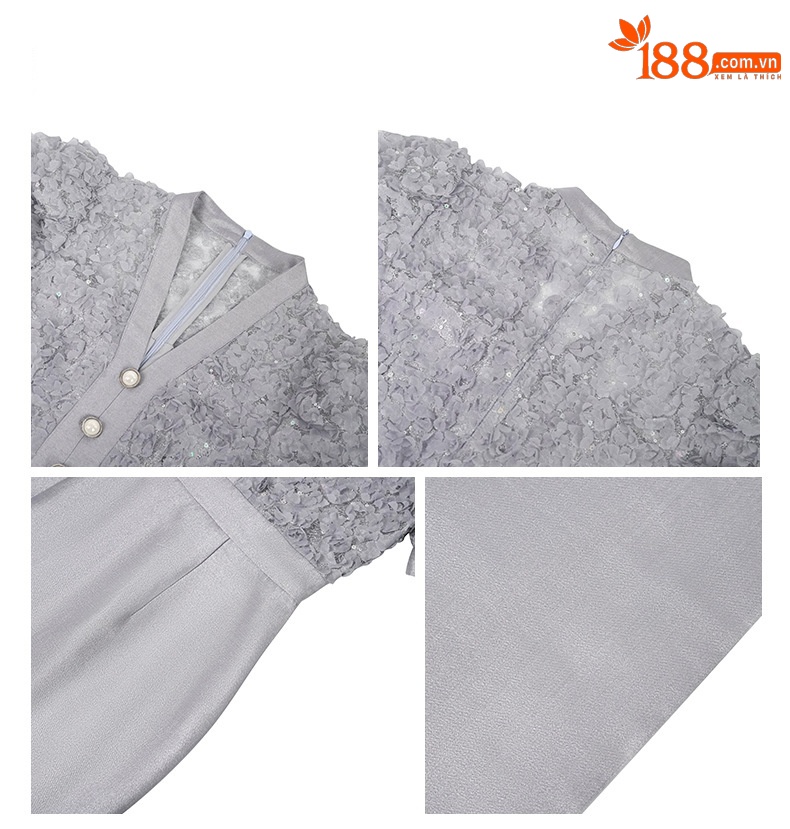 Đầm nữ thiết kế cổ chữ V tay phồng thắt eo giả hai mảnh phong cách Chanel — Màu xanh xám chi tiết 2