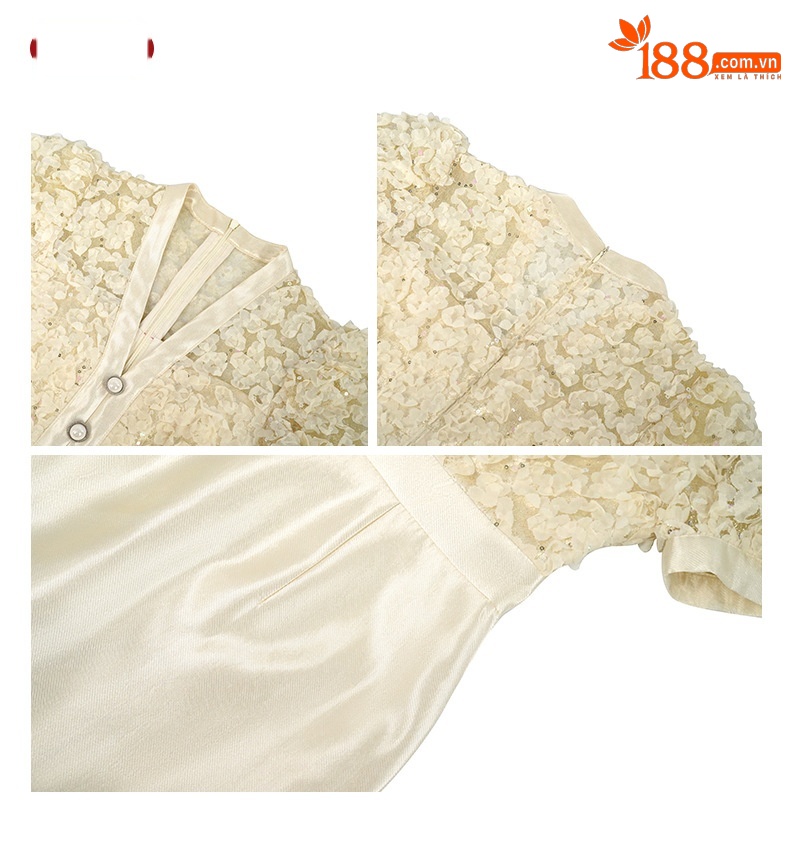 Đầm nữ thiết kế cổ chữ V tay phồng thắt eo giả hai mảnh phong cách Chanel — Màu xanh xám chi tiết 3
