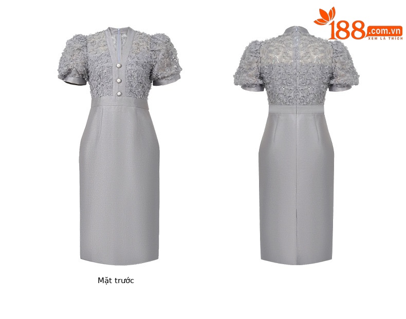 Đầm nữ thiết kế cổ chữ V tay phồng thắt eo giả hai mảnh phong cách Chanel — Màu xanh xám chi tiết 4