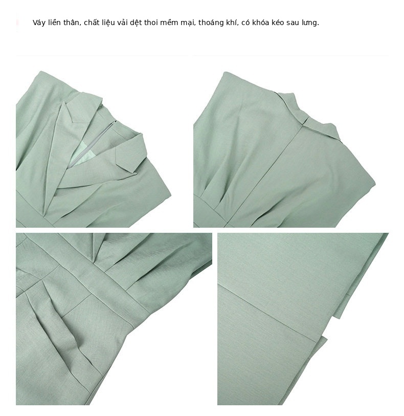 Đầm ôm body nữ cổ vest tay ngắn, chất liệu polyester phối sợi spandex, dáng ôm eo, có khóa kéo sau lưng — [Xanh xám] chi tiết 1