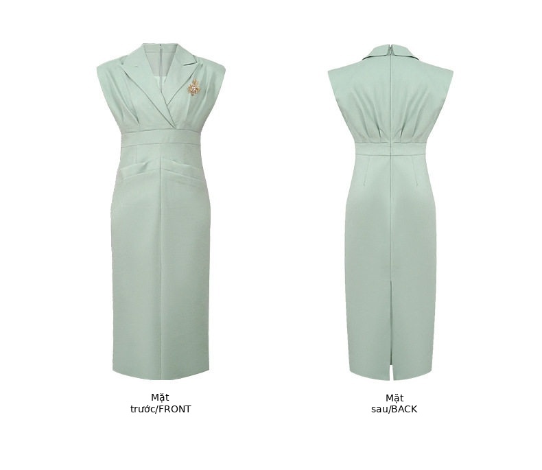 Đầm ôm body nữ cổ vest tay ngắn, chất liệu polyester phối sợi spandex, dáng ôm eo, có khóa kéo sau lưng — [Xanh xám] chi tiết 2