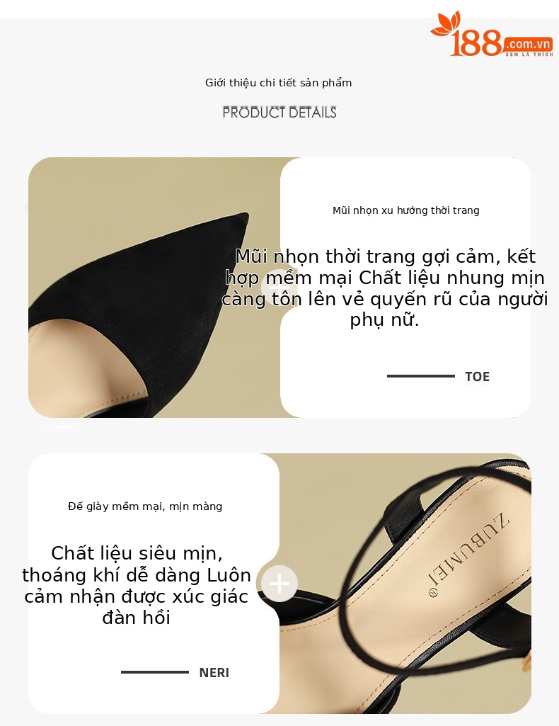 Giày cao gót nữ mũi nhọn bít mũi gót 8 cm — Da lộn màu đen 8cm chi tiết 2