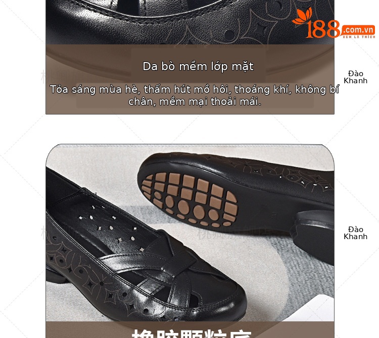 Giày lười nữ da thật khoét lỗ mũi tròn đế bệt gót dày — Da bò lớp đầu tiên màu đen bề mặt mềm chi tiết 4