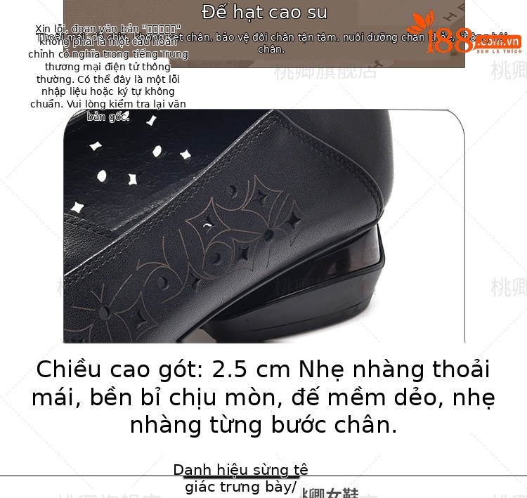 Giày lười nữ da thật khoét lỗ mũi tròn đế bệt gót dày — Da bò lớp đầu tiên màu đen bề mặt mềm chi tiết 5
