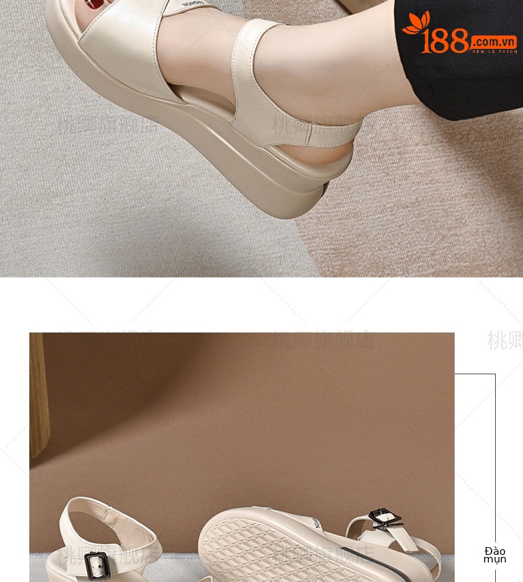 Sandal nữ đế dày da thật gót dốc cao hở mũi phối váy thời trang — Da trắng gạo nâng cấp gót dốc không mỏi chân chi tiết 7