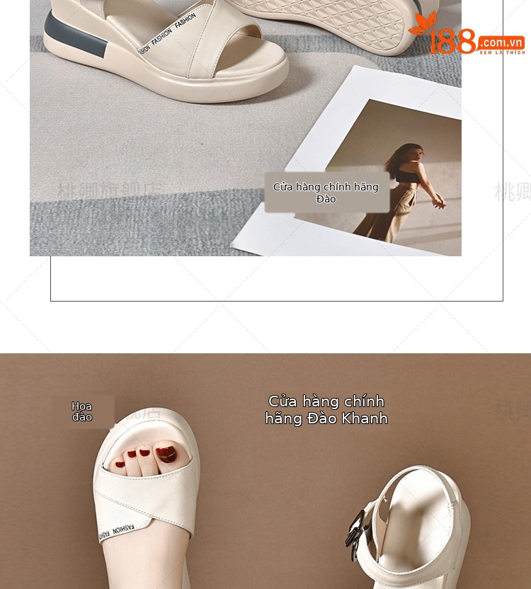 Sandal nữ đế dày da thật gót dốc cao hở mũi phối váy thời trang — Da trắng gạo nâng cấp gót dốc không mỏi chân chi tiết 8