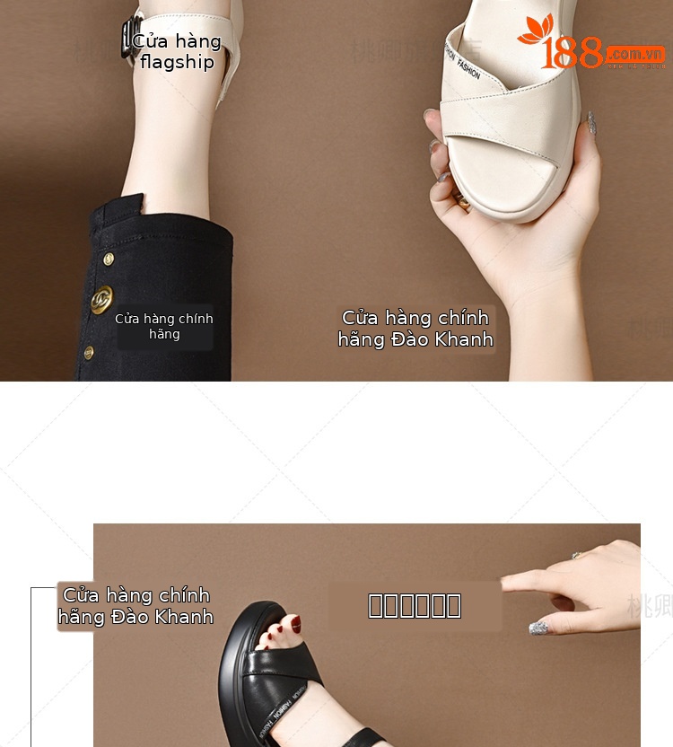 Sandal nữ đế dày da thật gót dốc cao hở mũi phối váy thời trang — Da trắng gạo nâng cấp gót dốc không mỏi chân chi tiết 9