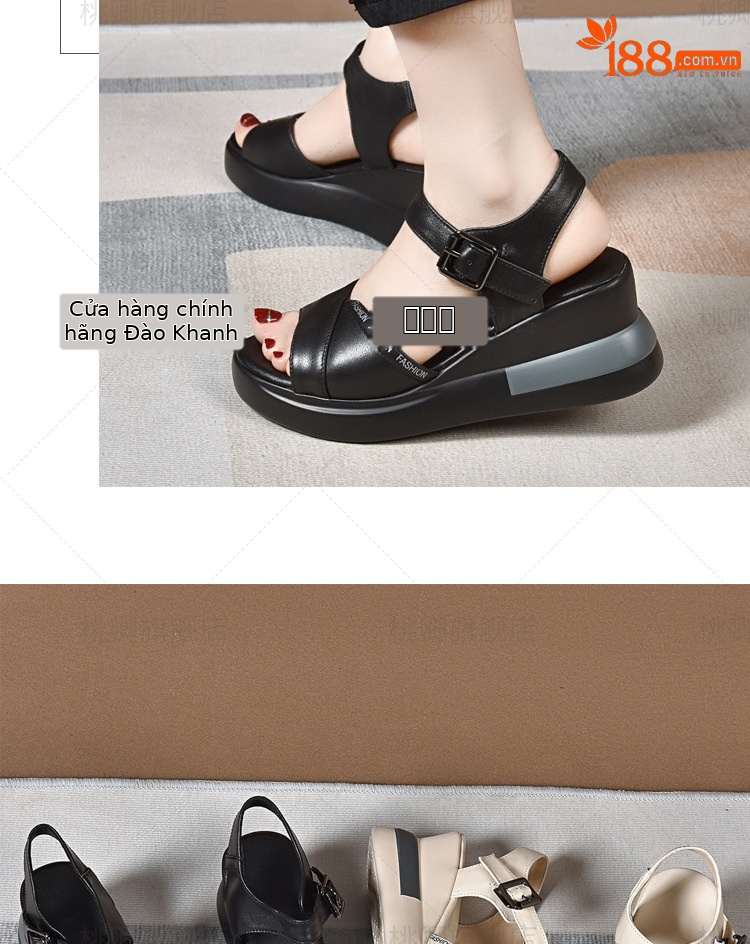 Sandal nữ đế dày da thật gót dốc cao hở mũi phối váy thời trang — Da trắng gạo nâng cấp gót dốc không mỏi chân chi tiết 13