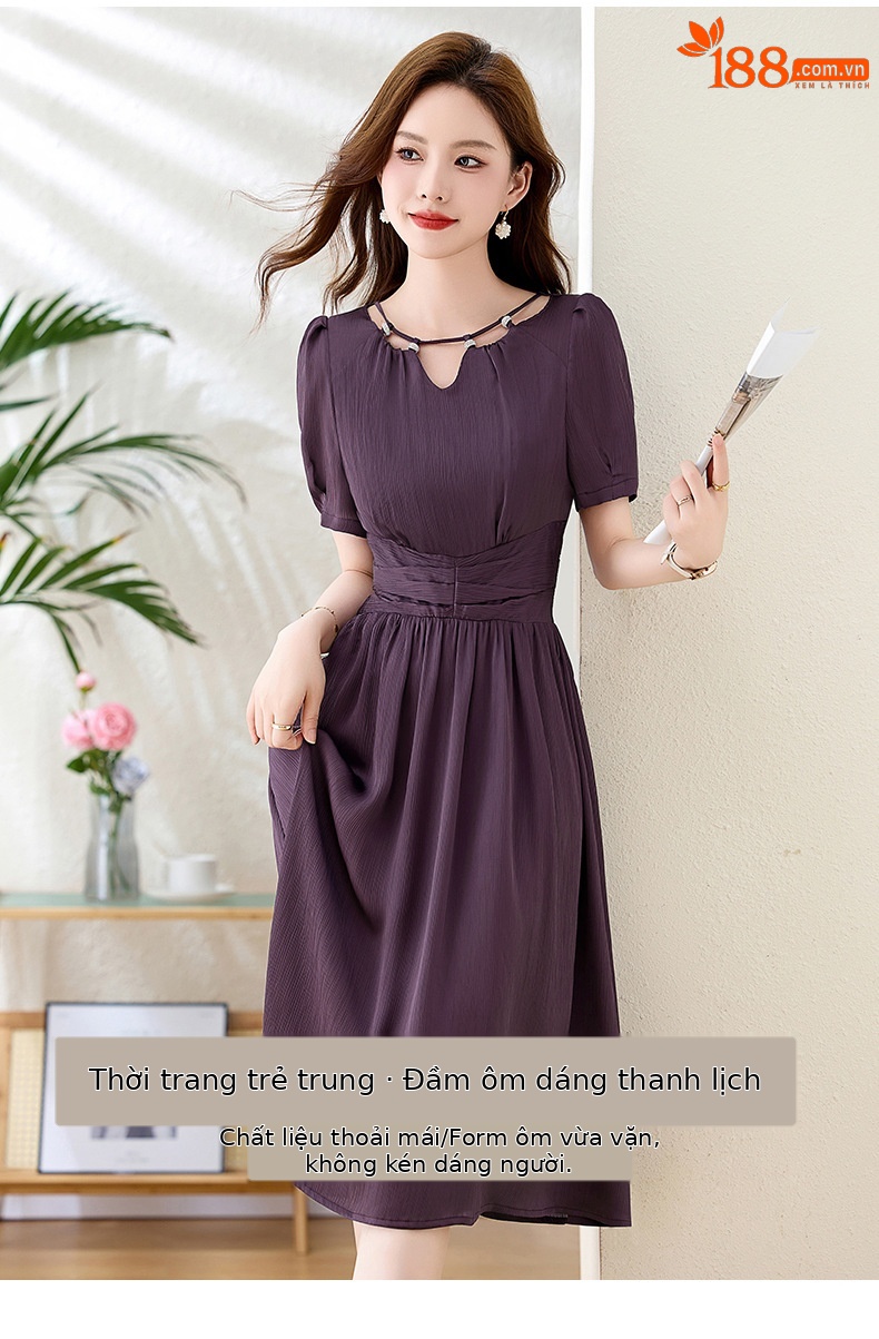 Váy midi mùa hè thời trang sang trọng, thiết kế thon eo, dáng dài vừa phải JX3320 — Màu đỏ rượu, Màu tím chi tiết 1