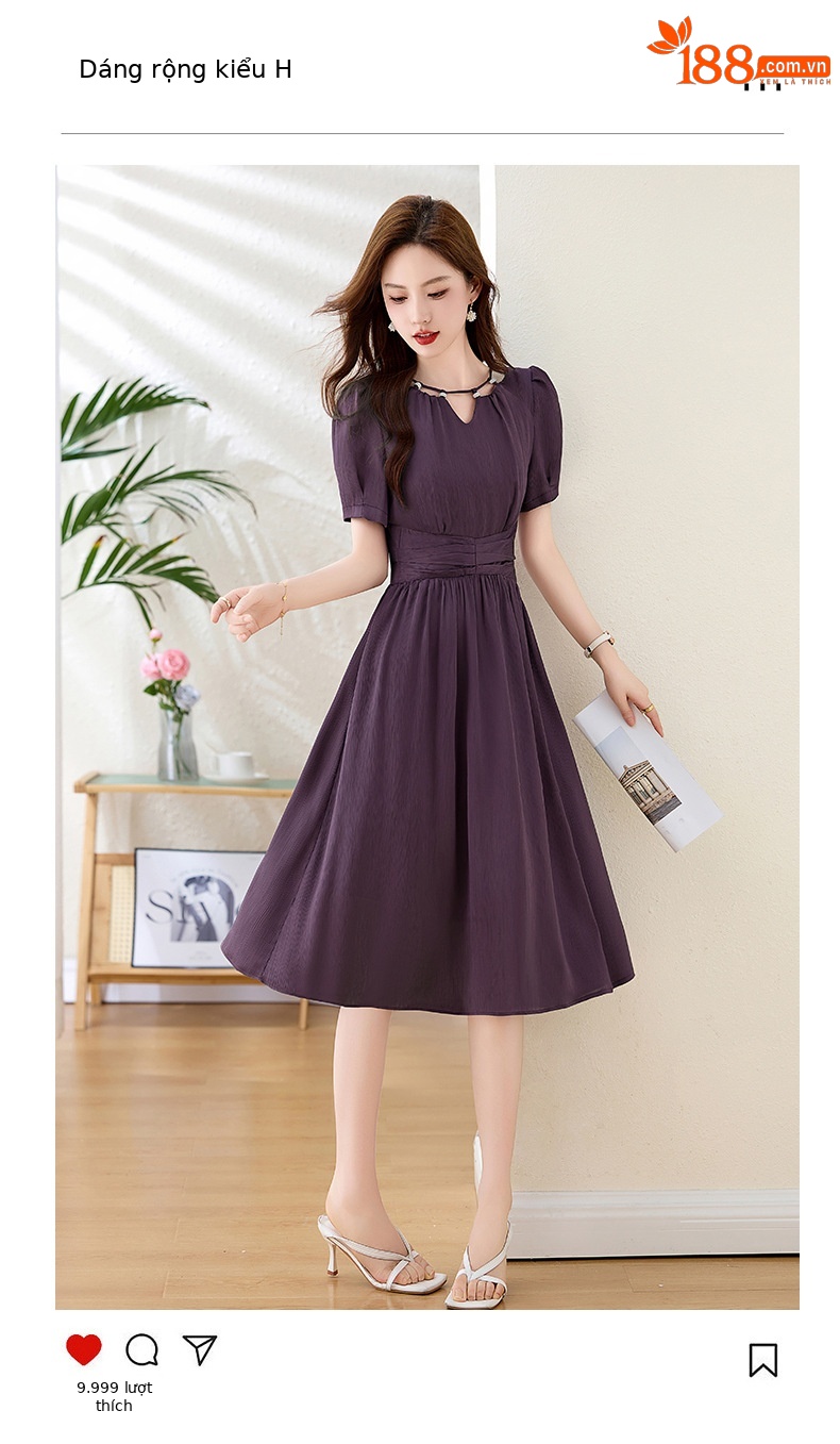 Váy midi mùa hè thời trang sang trọng, thiết kế thon eo, dáng dài vừa phải JX3320 — Màu đỏ rượu, Màu tím chi tiết 5