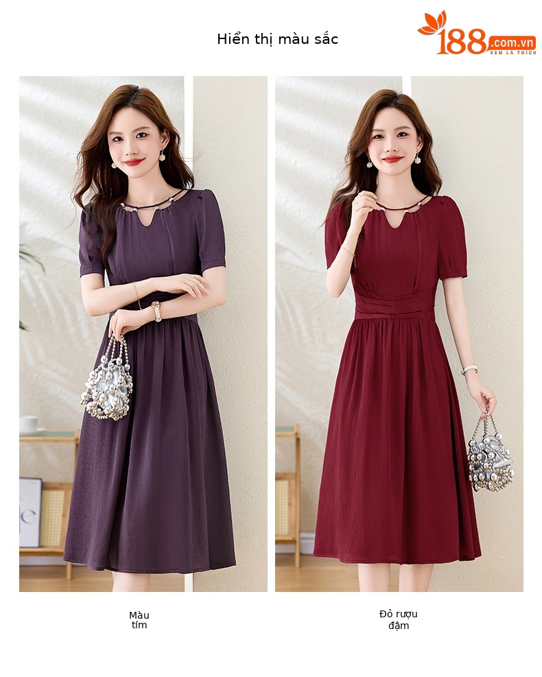 Váy midi mùa hè thời trang sang trọng, thiết kế thon eo, dáng dài vừa phải JX3320 — Màu đỏ rượu, Màu tím chi tiết 6