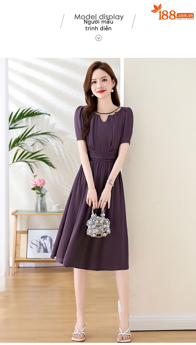 Váy midi mùa hè thời trang sang trọng, thiết kế thon eo, dáng dài vừa phải JX3320 — Màu đỏ rượu, Màu tím chi tiết 12