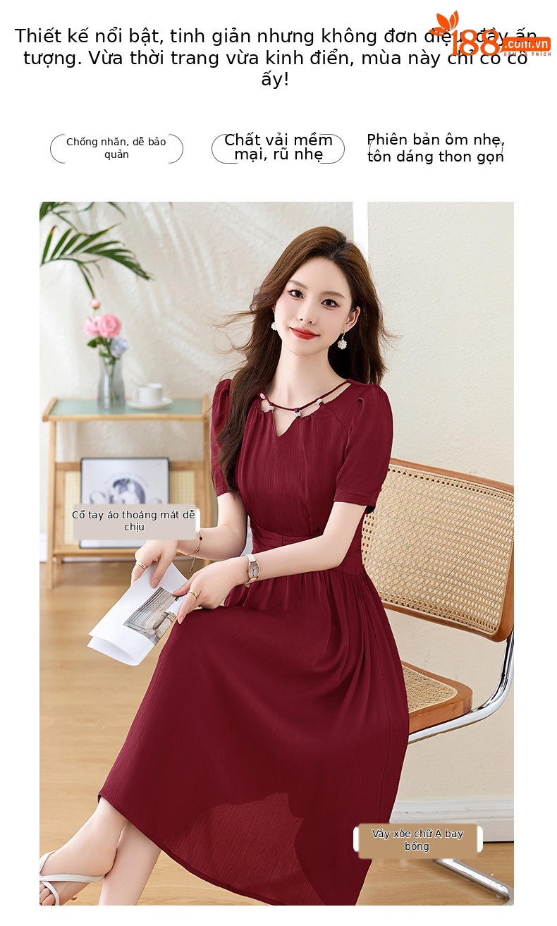 Váy midi mùa hè thời trang sang trọng, thiết kế thon eo, dáng dài vừa phải JX3320 — Màu đỏ rượu, Màu tím chi tiết 2