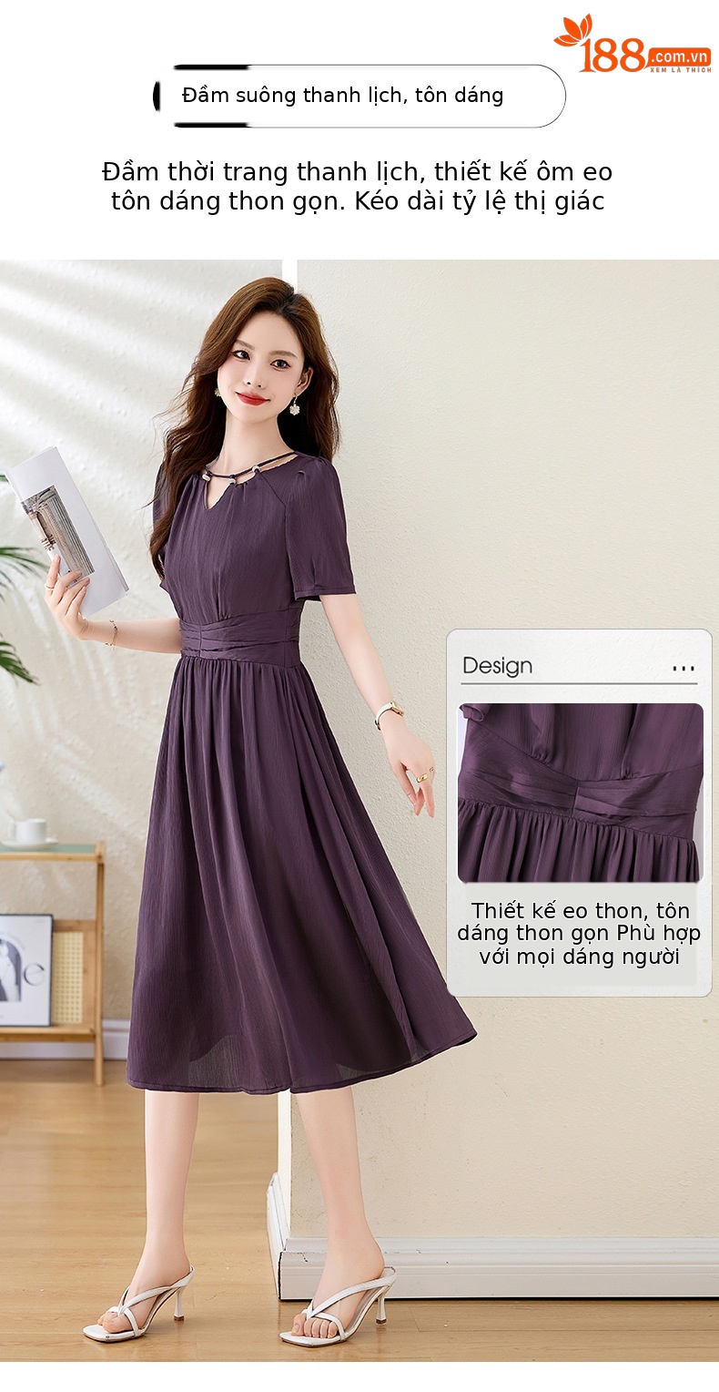 Váy midi mùa hè thời trang sang trọng, thiết kế thon eo, dáng dài vừa phải JX3320 — Màu đỏ rượu, Màu tím chi tiết 8