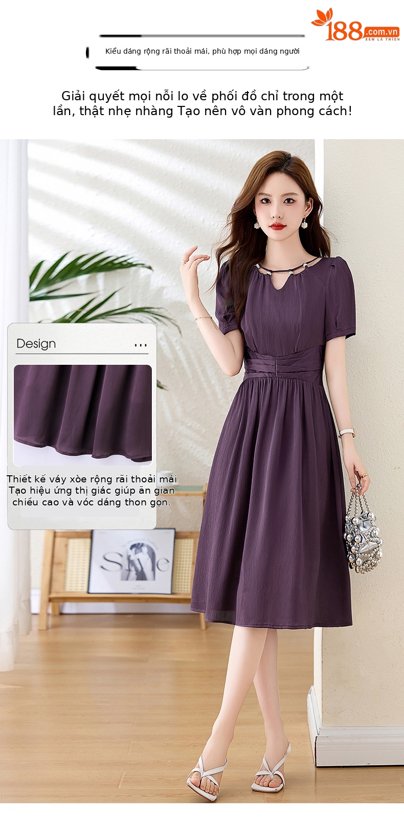 Váy midi mùa hè thời trang sang trọng, thiết kế thon eo, dáng dài vừa phải JX3320 — Màu đỏ rượu, Màu tím chi tiết 9