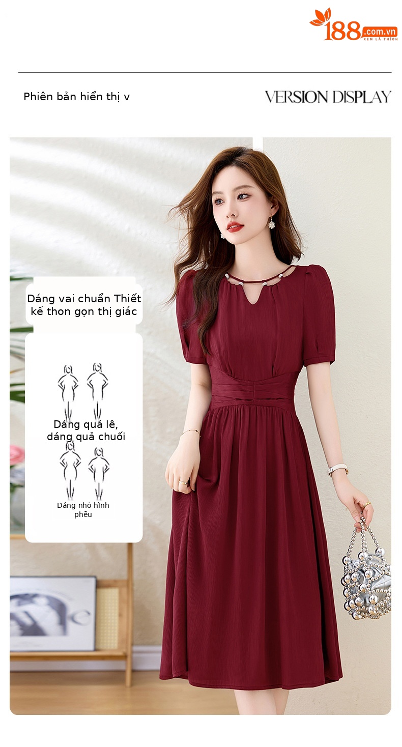 Váy midi mùa hè thời trang sang trọng, thiết kế thon eo, dáng dài vừa phải JX3320 — Màu đỏ rượu, Màu tím chi tiết 10