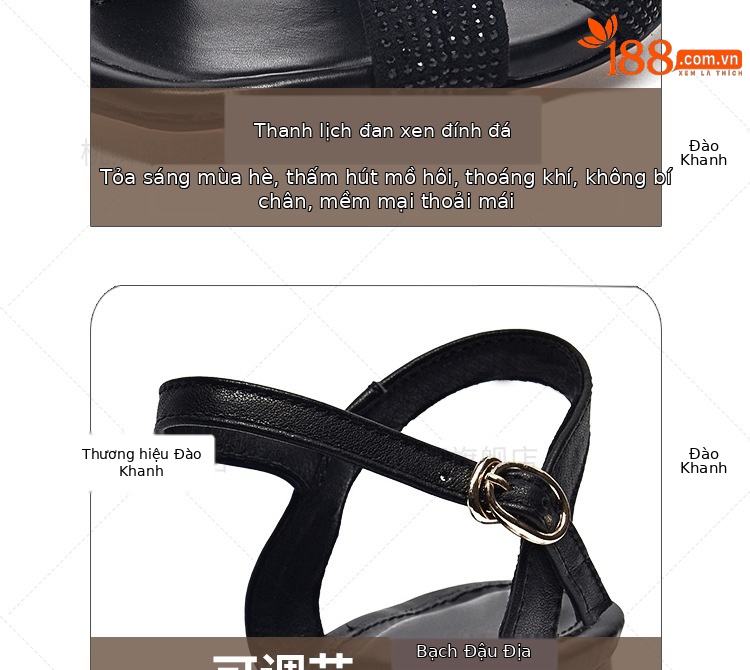 Sandal cao gót nữ da thật đế mềm gót vuông phối váy — Màu đen chi tiết 4