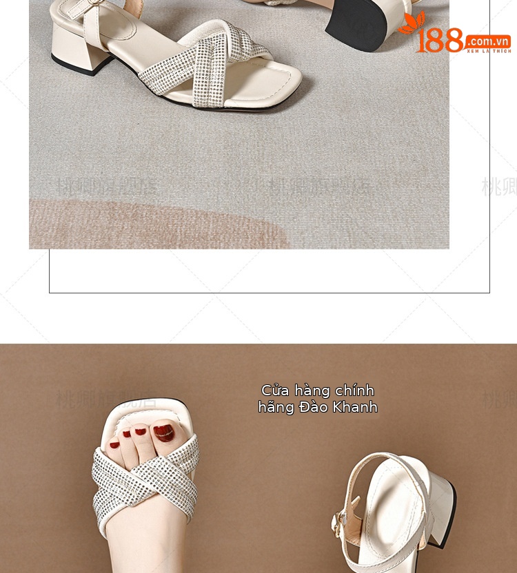 Sandal cao gót nữ da thật đế mềm gót vuông phối váy — Màu đen chi tiết 8
