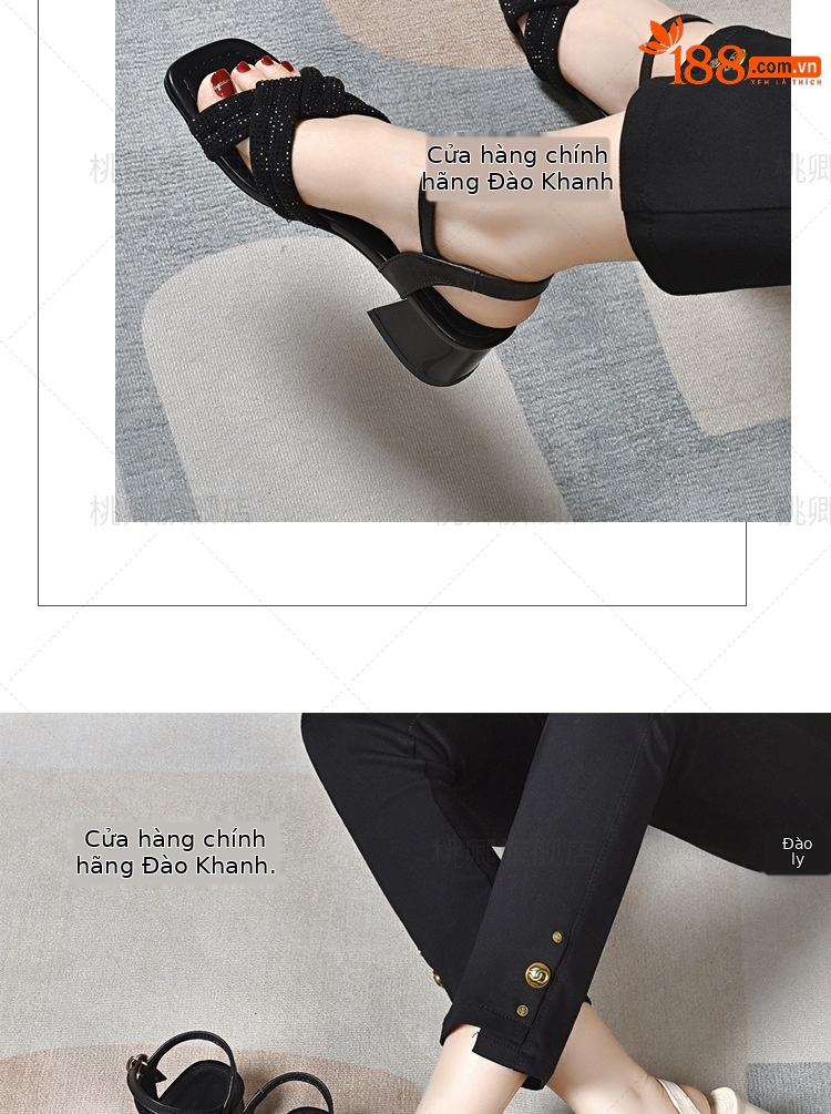 Sandal cao gót nữ da thật đế mềm gót vuông phối váy — Màu đen chi tiết 10