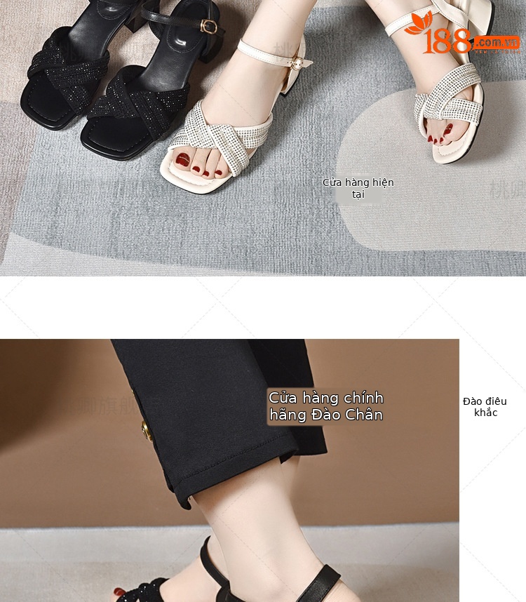 Sandal cao gót nữ da thật đế mềm gót vuông phối váy — Màu đen chi tiết 11