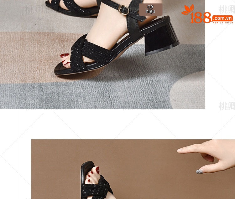 Sandal cao gót nữ da thật đế mềm gót vuông phối váy — Màu đen chi tiết 12
