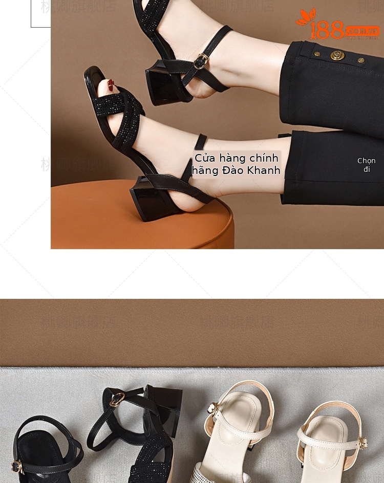 Sandal cao gót nữ da thật đế mềm gót vuông phối váy — Màu đen chi tiết 13
