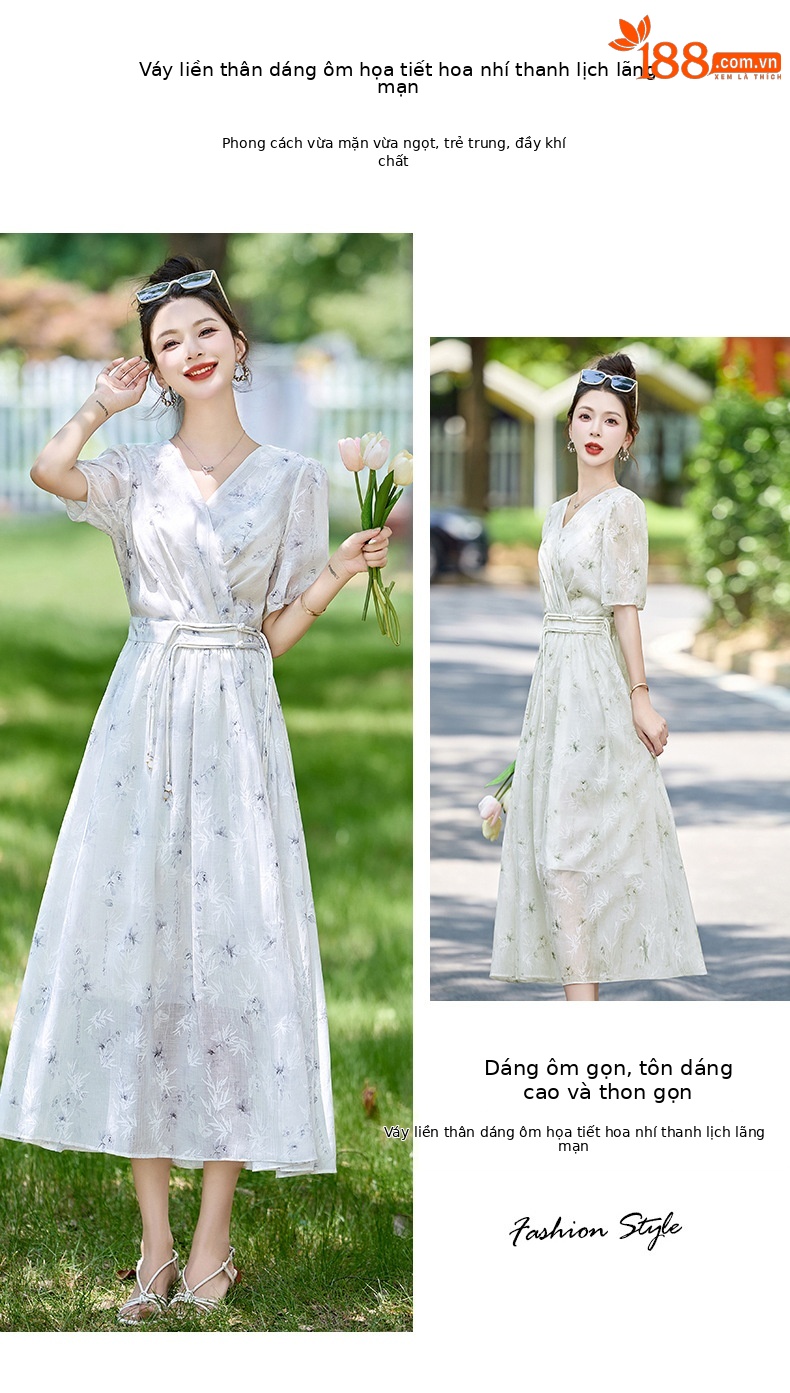 Váy hoa cổ chữ V thắt eo thon gọn mùa hè ZQ88079 — Màu xanh lục nhạt, Màu xanh lam chi tiết 2
