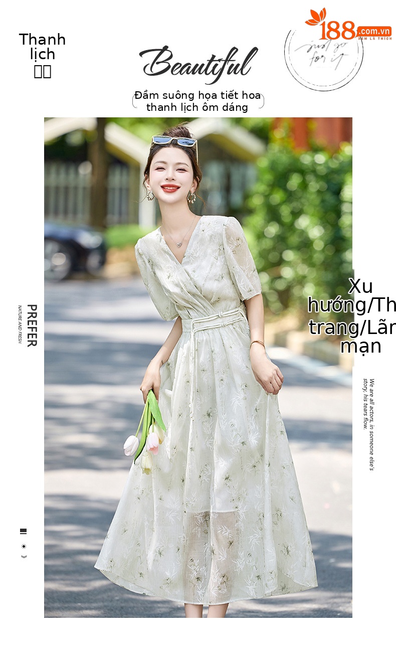 Váy hoa cổ chữ V thắt eo thon gọn mùa hè ZQ88079 — Màu xanh lục nhạt, Màu xanh lam chi tiết 1