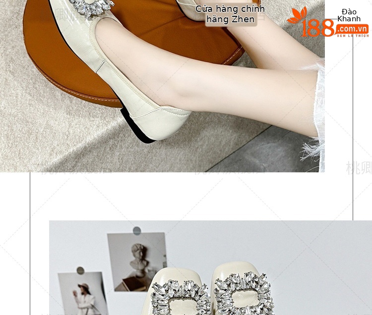 Giày bệt nữ mũi tròn da bò sáng bóng đính khóa vuông đế mềm — Da bò lớp đầu tiên bằng phẳng màu be chi tiết 12