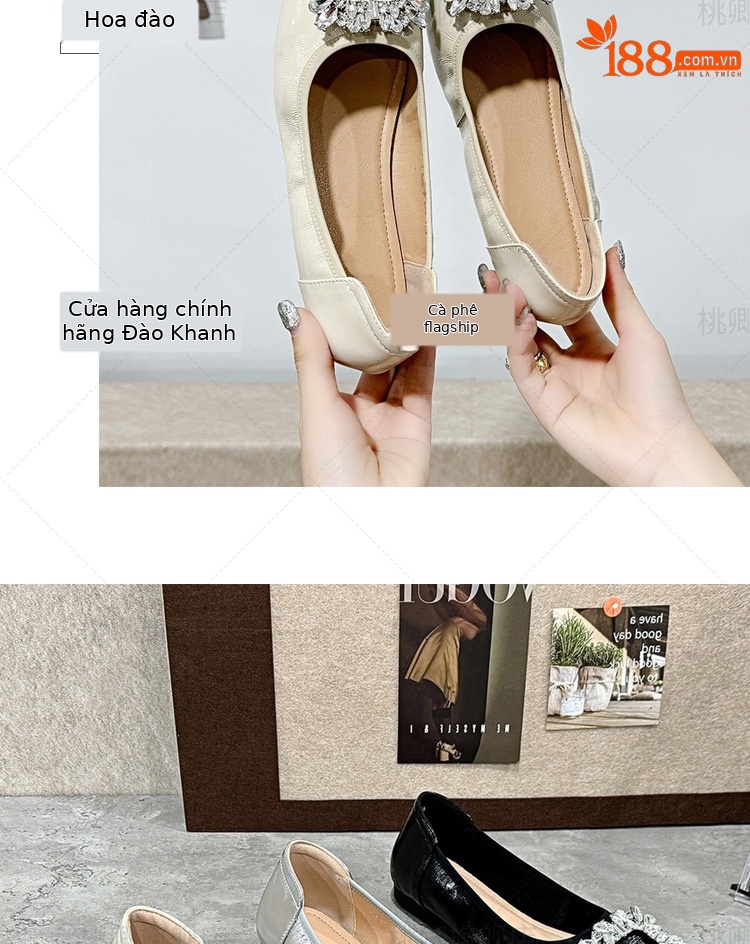 Giày bệt nữ mũi tròn da bò sáng bóng đính khóa vuông đế mềm — Da bò lớp đầu tiên bằng phẳng màu be chi tiết 13