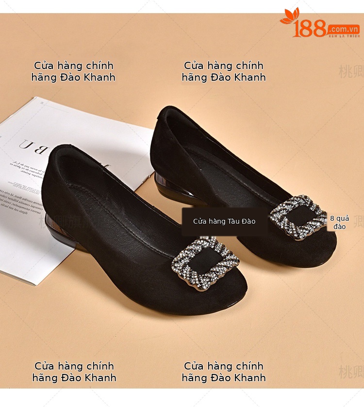 Giày lười nữ da thật mũi vuông đế bệt miệng nông — Màu đen chi tiết 7